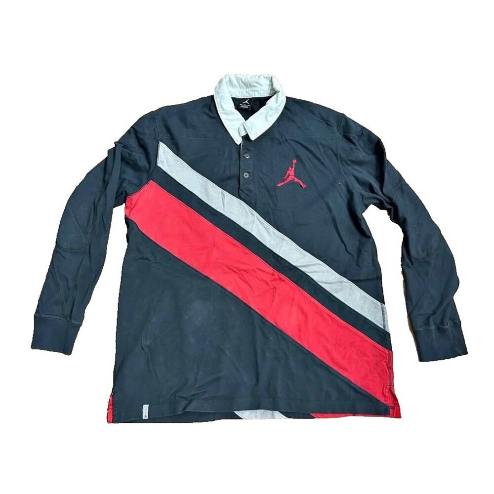 Vtg Nike Air Jordan Rugby Shirt Long Sleeve Striped Jumpman Logo Polo 2 XL Black